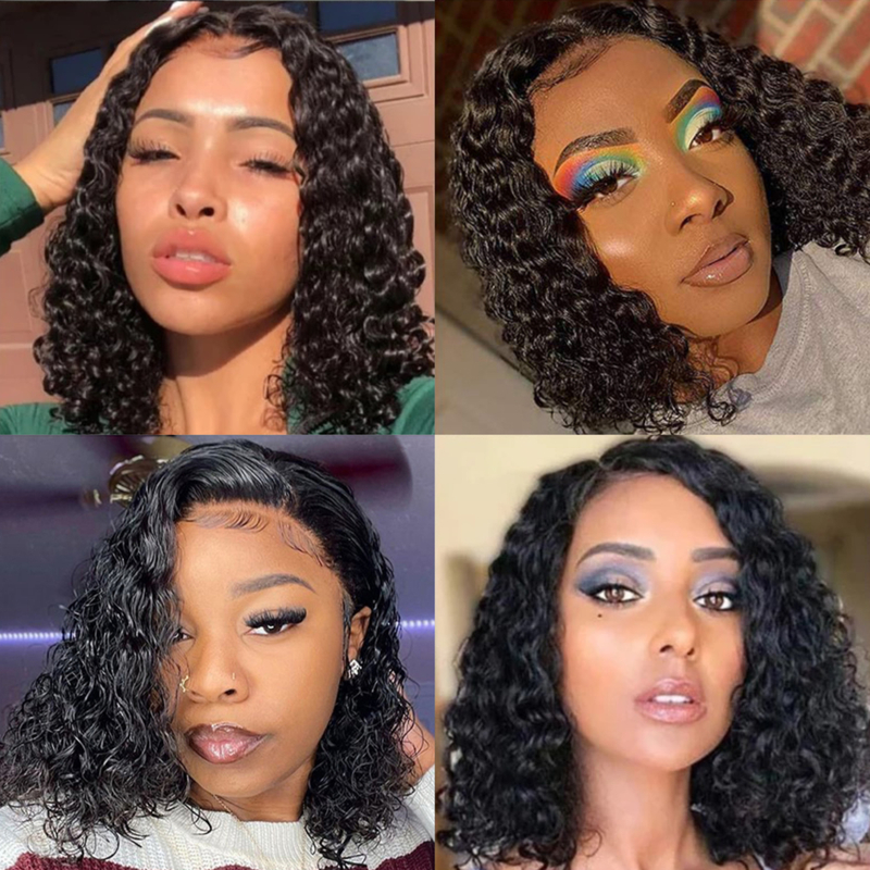 Brésilien Short Bob Human Heugs Wigs Middle Part Deep Wave Natural