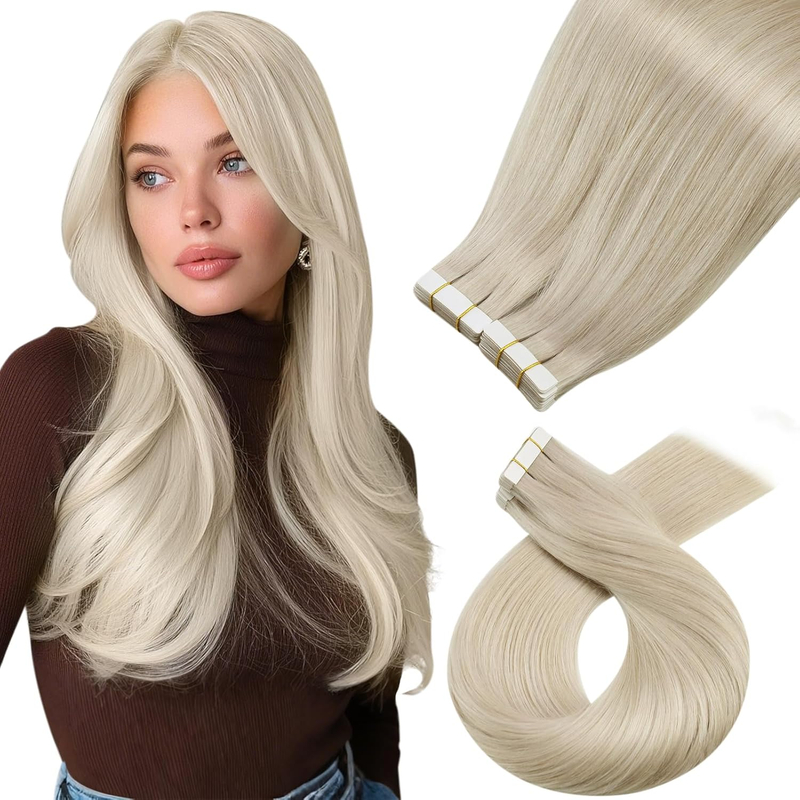 Angelbella Extensions de cheveux humains invisibles à ruban adhésif blond platine - Extensions de cheveux à bande adhésive blonde platine - Extensions de cheveux pour femme de 20,3 à 81,3 cm