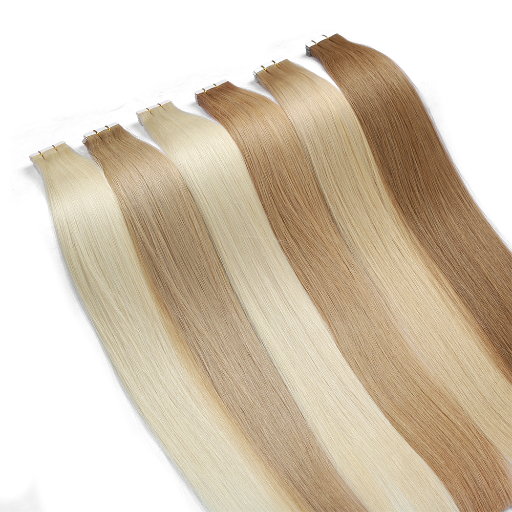 Extensions de cheveux humains en PU à trame plate, extensions de cheveux humains Remy avec trous, blond cendré, reflets blonds 18/613, ruban adhésif invisible pour femme