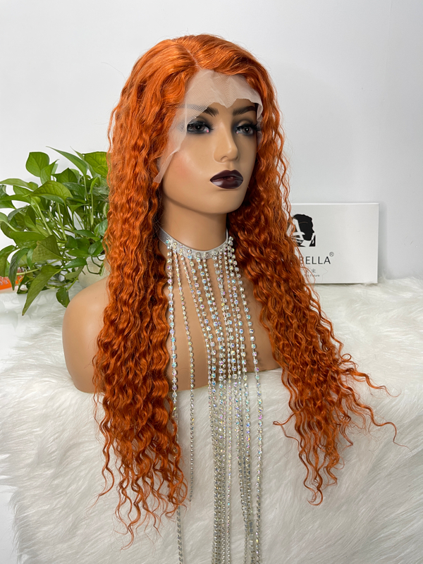 Angelbella T-Part Lace Front Wigs, perruques de cheveux humains brésiliens à vague profonde au gingembre orange