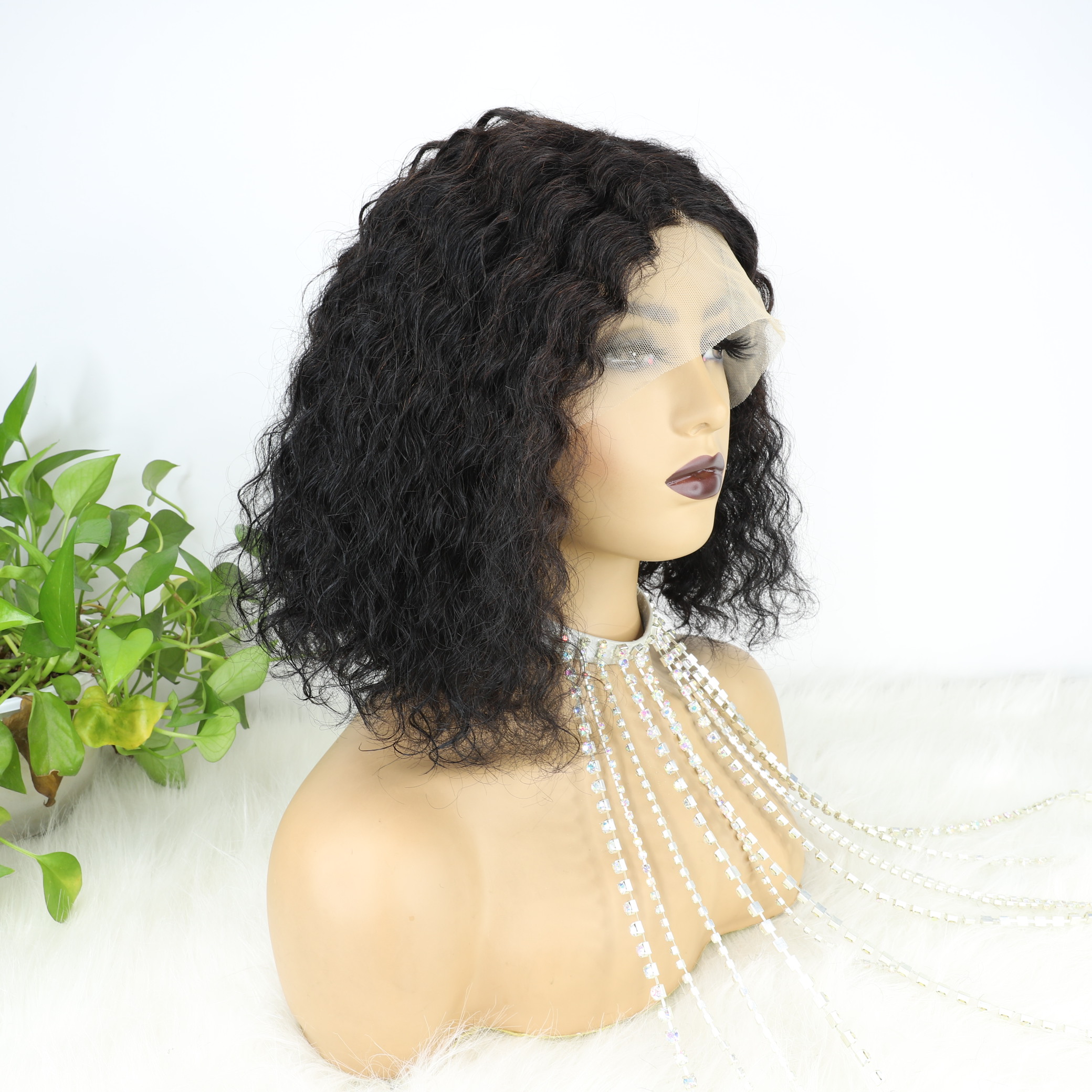 Brésilien Short Bob Human Heugs Wigs Middle Part Deep Wave Natural