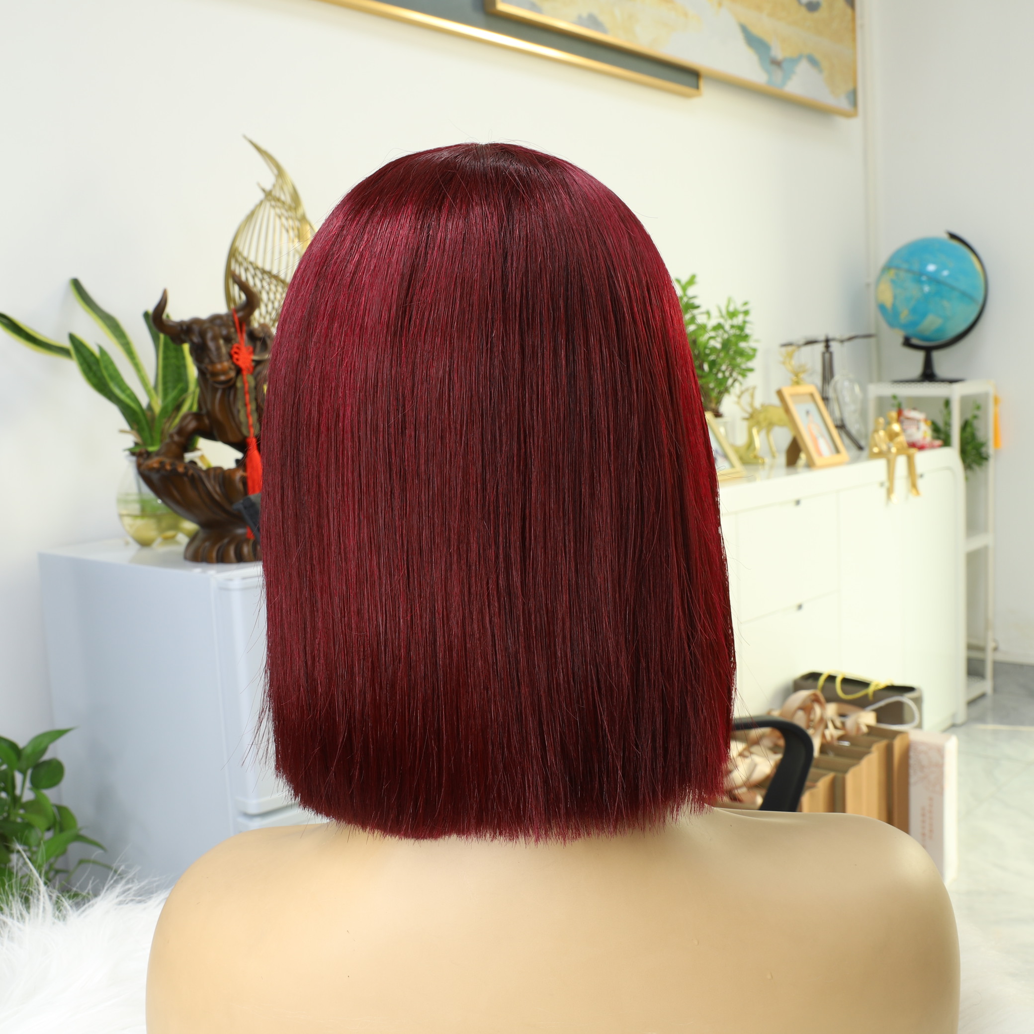 99J Red Bob Remy Wigs avec frange 10 pouces de machine faite borgogne