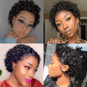 13x1 Perruque avant en dentelle transparente Short Pixie Curly Human Hair Wigs 180% Pix Style pour les femmes noires