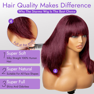 99J Red Bob Remy Wigs avec frange 10 pouces de machine faite borgogne