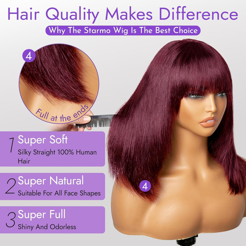 99J Red Bob Remy Wigs avec frange 10 pouces de machine faite borgogne