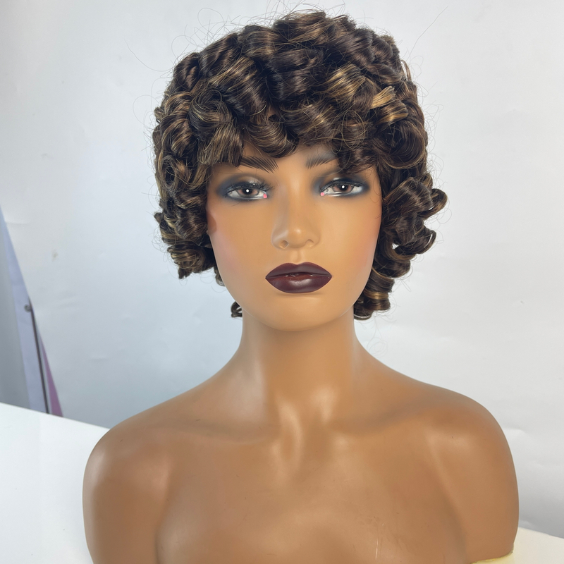 Perruque courte courte pour femmes noires avec une frange rebondissante moelleuse moelleuse coiffée cheveux humains 2 ton