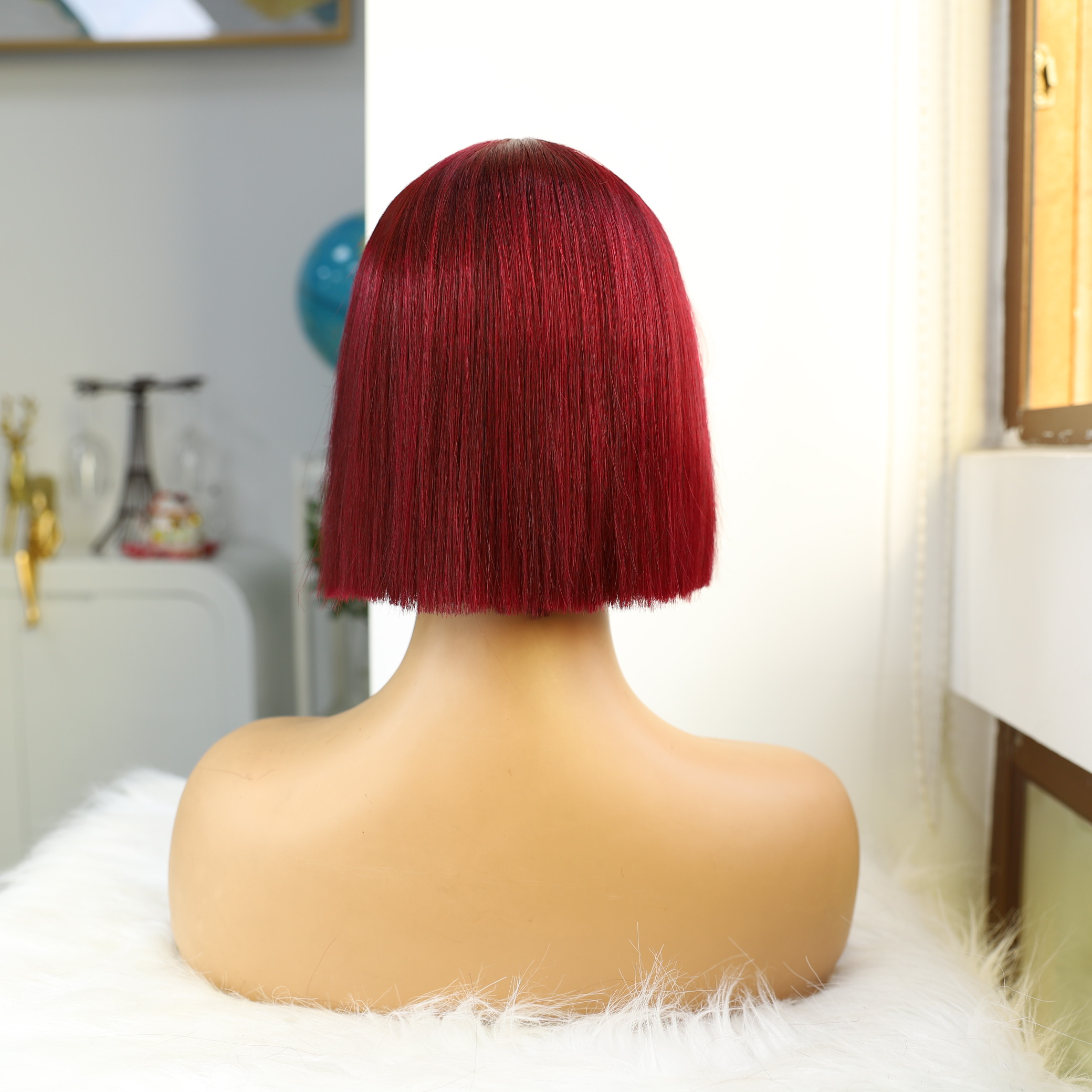 99J Bourgogne rouge bob bob de cheveux humains perruques avec frange