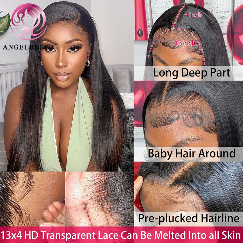 Angelbella Glory Virgin Hair Black 13x4 Human Human Human Hd en dentelle de dentelle Frontal Lace Front Perruque 