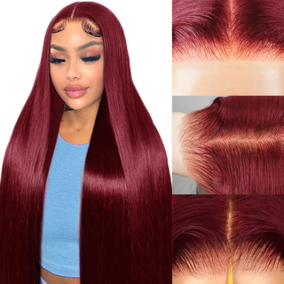 99J Bourgogne Vin Rouge Soyeux Droit Transparent T Partie Lace Front Perruques