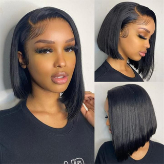 Couleur naturelle 10 pouces de cheveux humains raides courts courtes bob à 180% densité transparente sans glueless lisse en dentelle frontale pour femmes