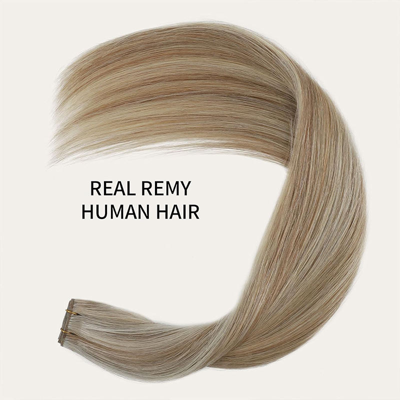 AngelBella Extension de cheveux humains Full Shine Genius - 50,8 cm - Couleur blond cendré - Blond cendré - Extensions de cheveux blonds décolorés - Vrais cheveux humains attachés à la main