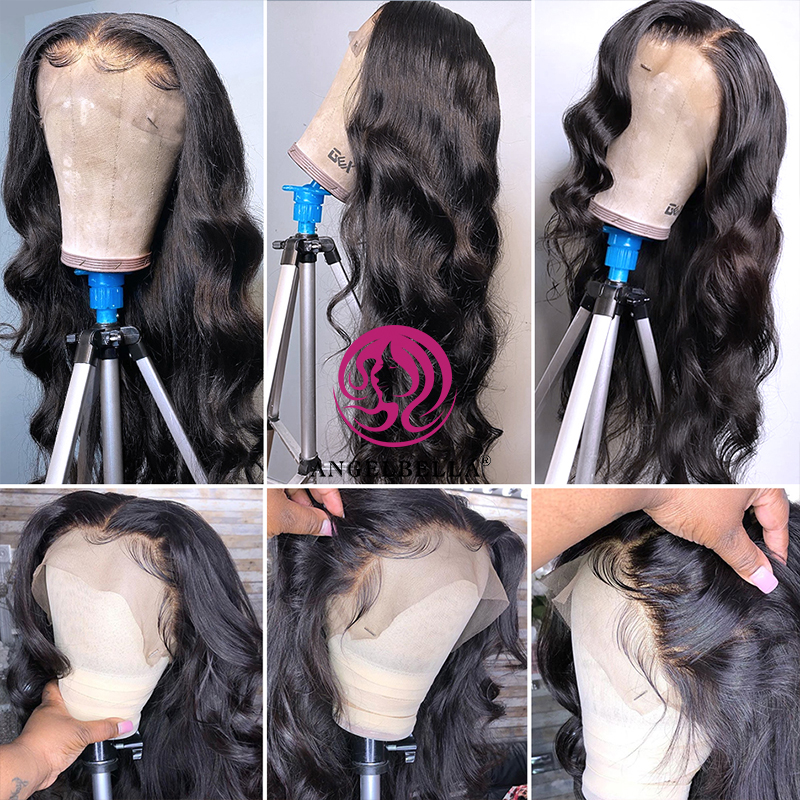 Angelbella Queen Doner Virgin Hair Natural Black 13x4 150% Density Body Wave Human Human Hd Lace Frontal Wig 