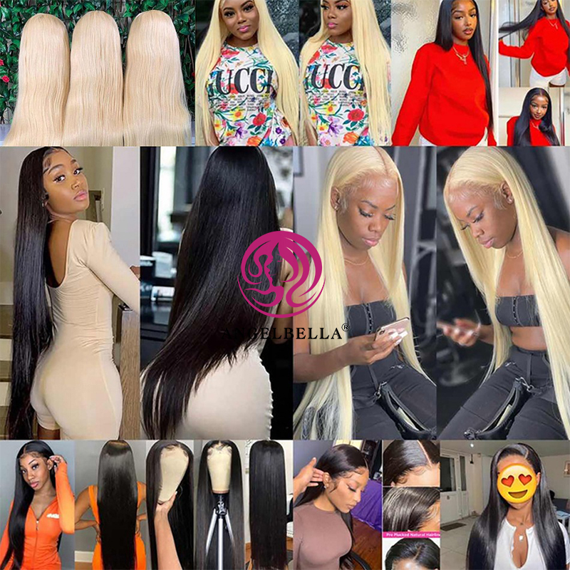 Angelbella Queen Doner Virgin Hair Wholesale Raw Indian High Quality Straight Human Human Transparent Full HD Lace Front Ferme Fermeure Wig for Black Women Stock