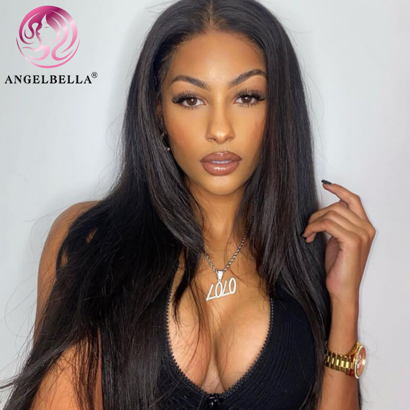 Angelbella Queen Doner Vierge Cheveux Raides 1B # 13X6 HD Dentelle Frontale Perruque de Cheveux Humains