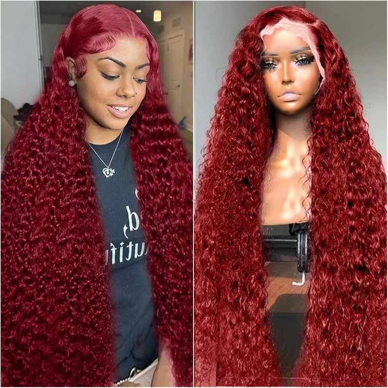 Angelbella 99J Bourgogne Water Wave Heuvraines dentelle humaine Perruques avant 180% densité sans glu sans glue 13x4 Transparent Swiss Lace Frontal Wig