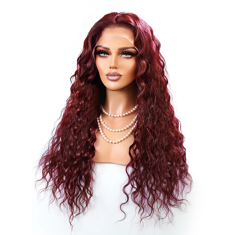 Angelbella 99J Bourgogne Water Wave Heuvraines dentelle humaine Perruques avant 180% densité sans glu sans glue 13x4 Transparent Swiss Lace Frontal Wig