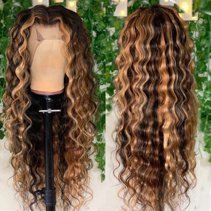 Ombre mettant en surbrillance 13x4 HD Perruques avant en dentelle transparente HEUR HEUR HEURE Honey Blonde 4/27 Pernes à cheveux humains à vague profonde pour femmes noires Wigs bouclés