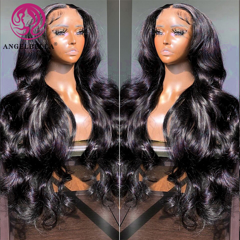 Angelbella Queen Doner Virgin Hair Natural Black 13x4 150% Density Body Wave Human Human Hd Lace Frontal Wig 