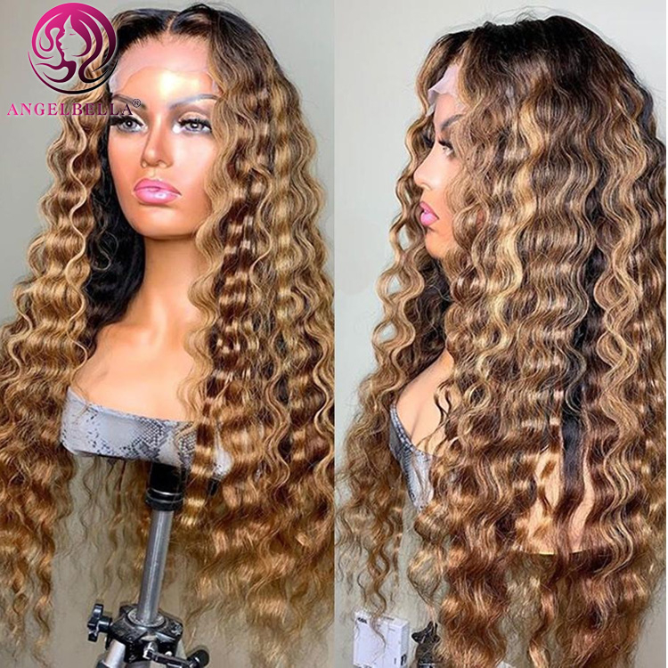 Perruque Lace Front Wig naturelle bouclée, cheveux naturels, Deep Wave, blond miel 4/27, ombré, 13x4, Transparent HD, pour femmes noires