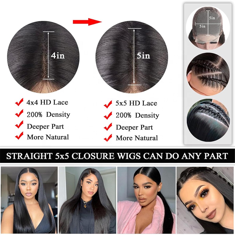 En gros, 180% de densité transparente 4x4 Clôture en dentelle Perruque à cheveux raides Perruques de cheveux humains sans gllue pour femmes noires