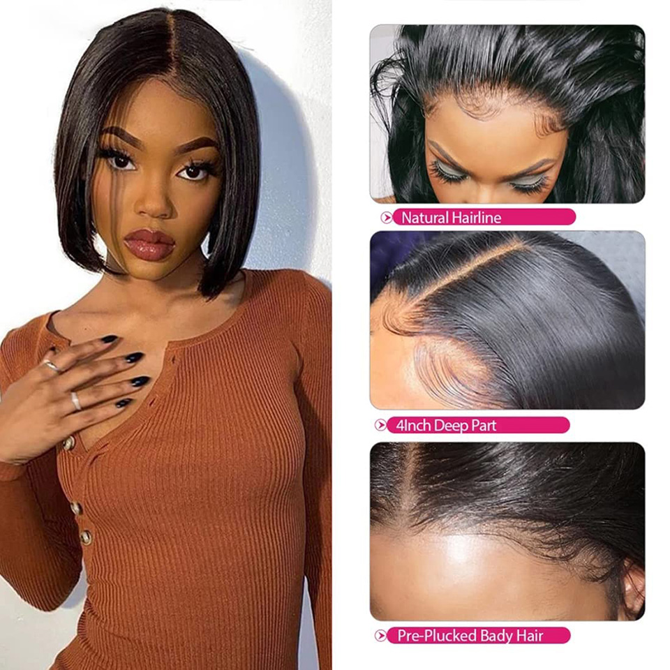 Cheveux humains courts Bob Wigs avec des cheveux pour bébé pour les femmes noires pré-cueillies nœuds 10 pouces