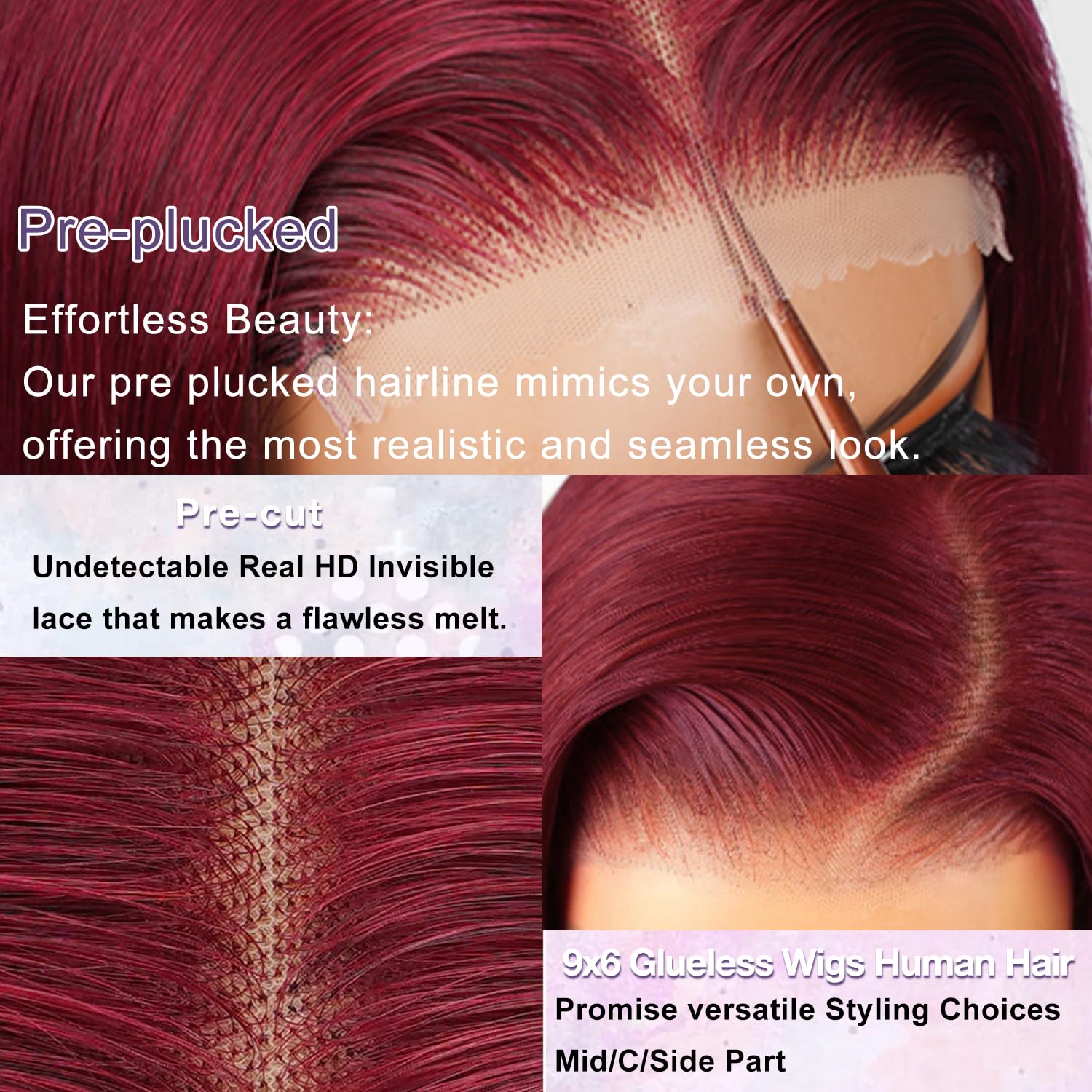 99J Bourgogne Vin Rouge Soyeux Droit Transparent T Partie Lace Front Perruques