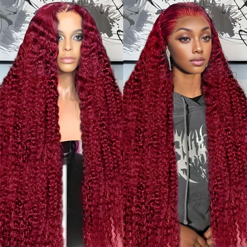 13x4 180% densité 99j couleur bordeaux cheveux humains transparent transparent sans glue perruque frontale de perruque d'eau en dentelle