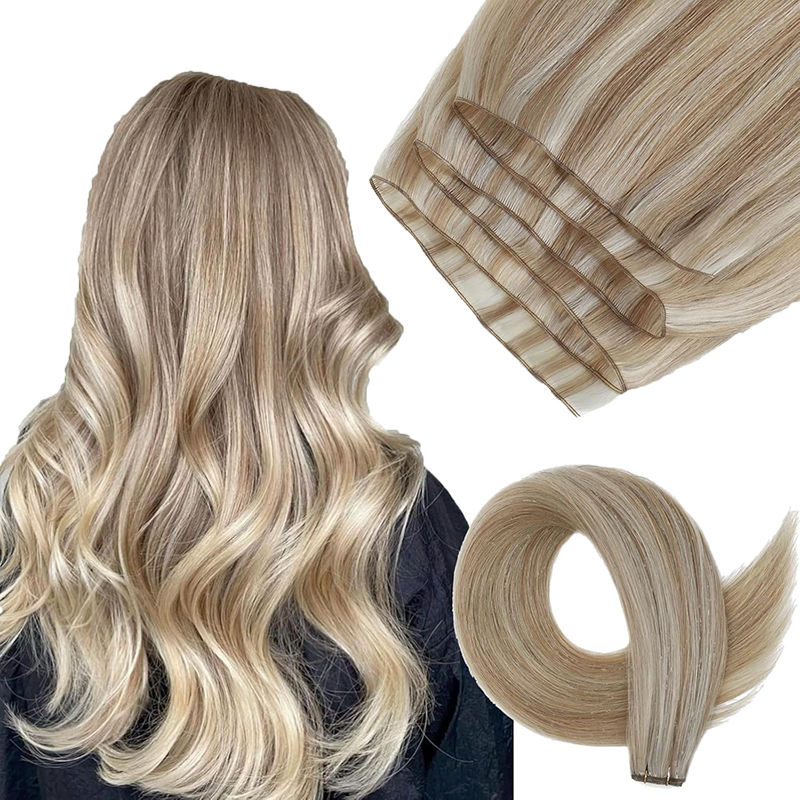 AngelBella Extension de cheveux humains Full Shine Genius - 50,8 cm - Couleur blond cendré - Blond cendré - Extensions de cheveux blonds décolorés - Vrais cheveux humains attachés à la main