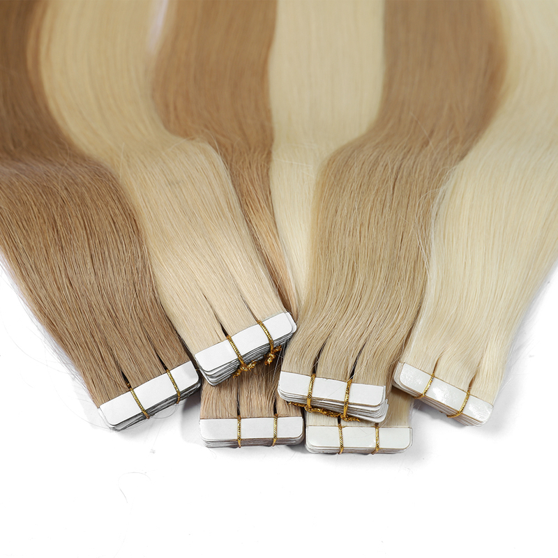 Extensions de cheveux humains en PU à trame plate, extensions de cheveux humains Remy avec trous, blond cendré, reflets blonds 18/613, ruban adhésif invisible pour femme
