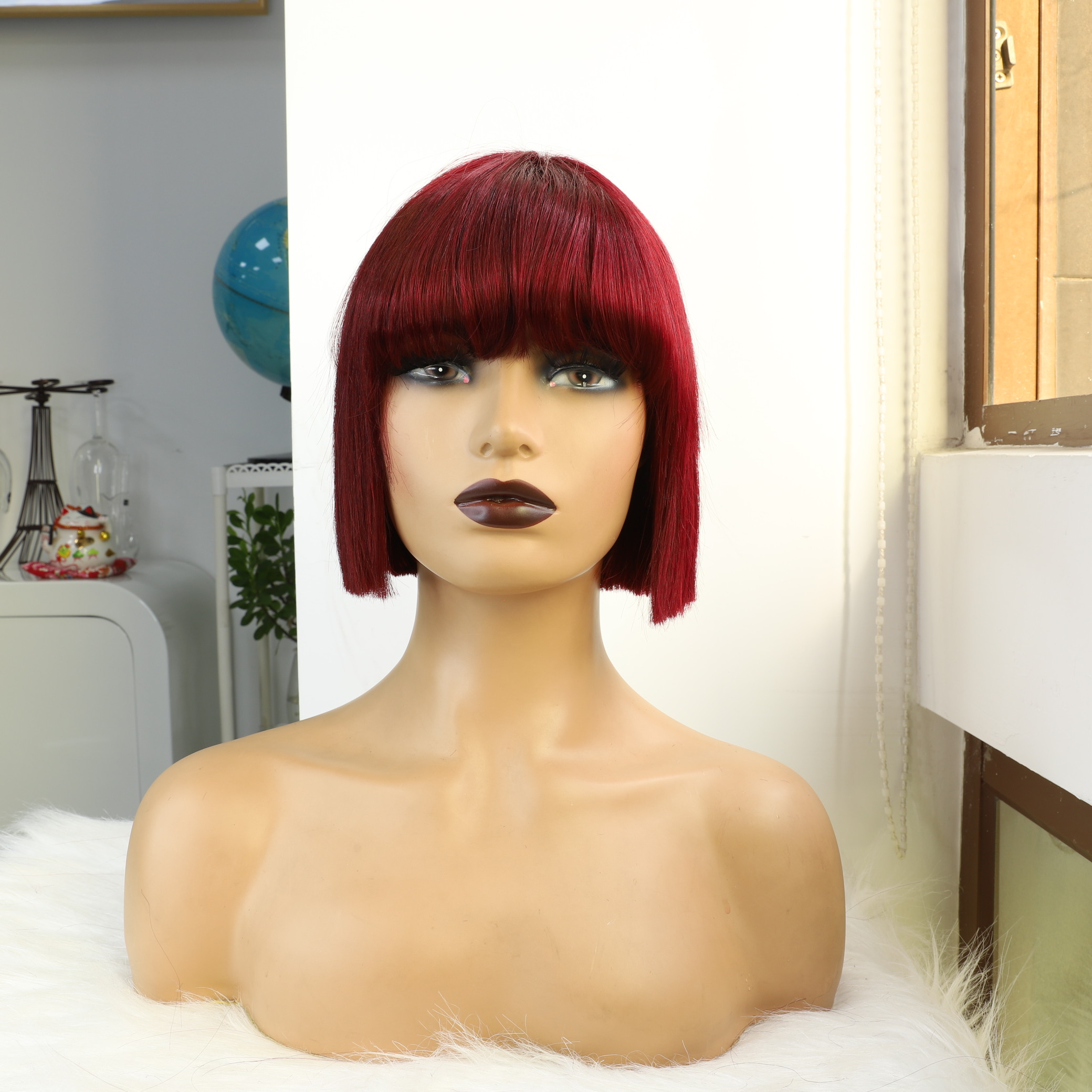 99J Bourgogne rouge bob bob de cheveux humains perruques avec frange