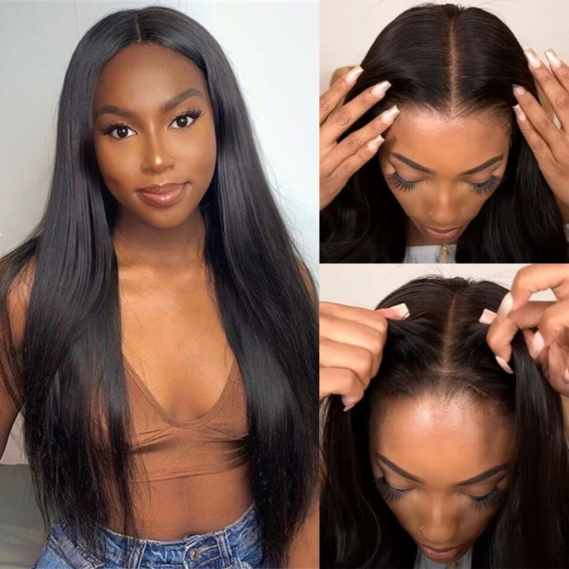 En gros, 180% de densité transparente 4x4 Clôture en dentelle Perruque à cheveux raides Perruques de cheveux humains sans gllue pour femmes noires