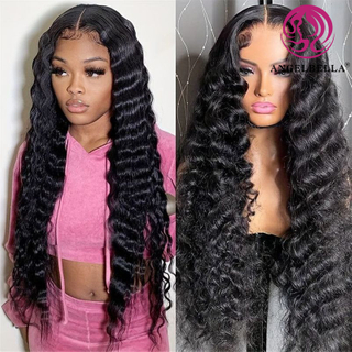 Angelbella Natural Noir 30 pouces 220 densité HD Wig sans glu sans glue perruque frontale de la vague de cheveux humains perruques avant pour femmes noires