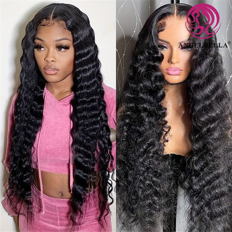 Angelbella Natural Noir 30 pouces 220 densité HD Wig sans glu sans glue perruque frontale de la vague de cheveux humains perruques avant pour femmes noires